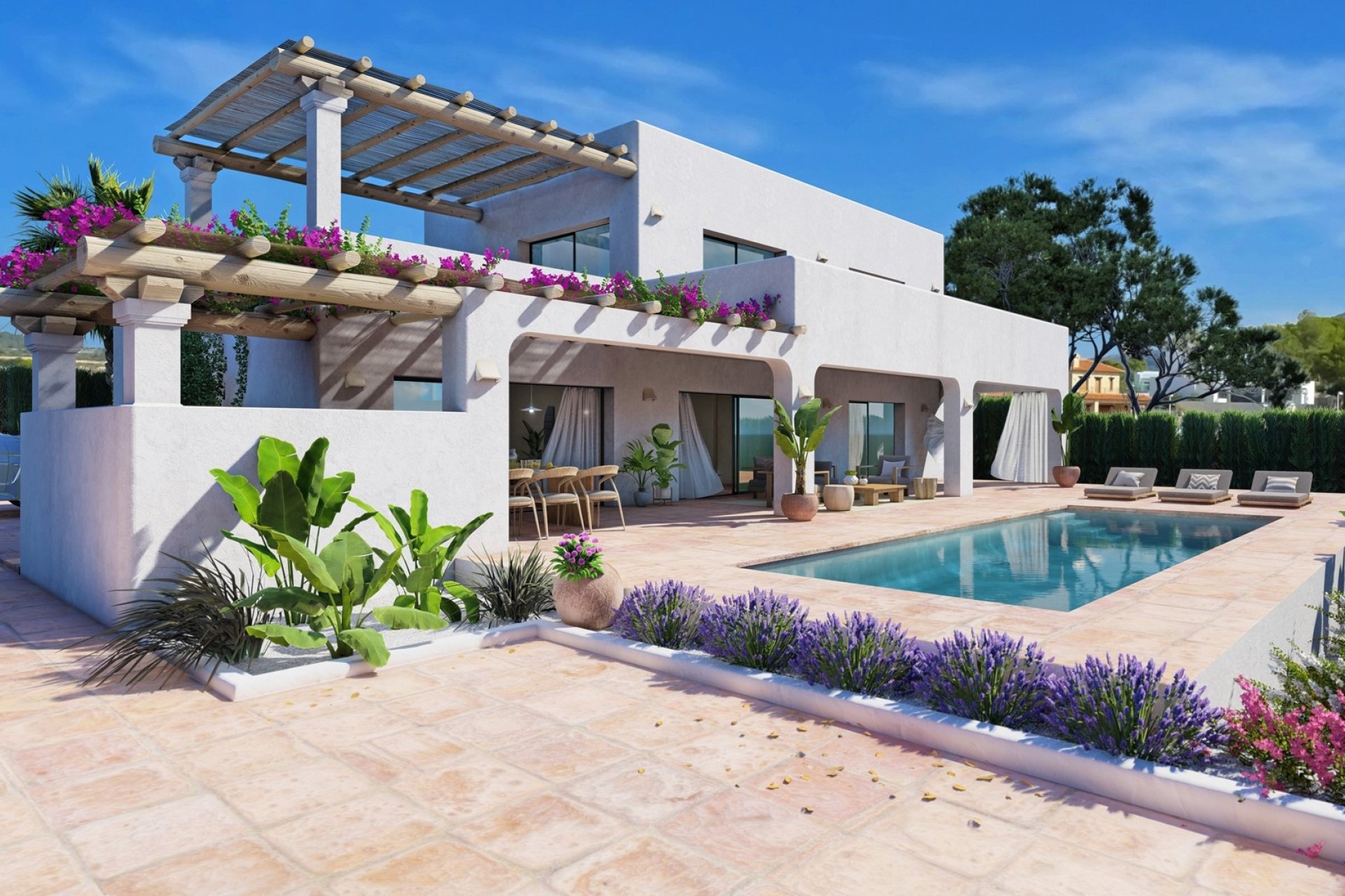 Luxe villa in Ibiza-stijl te koop in Moraira